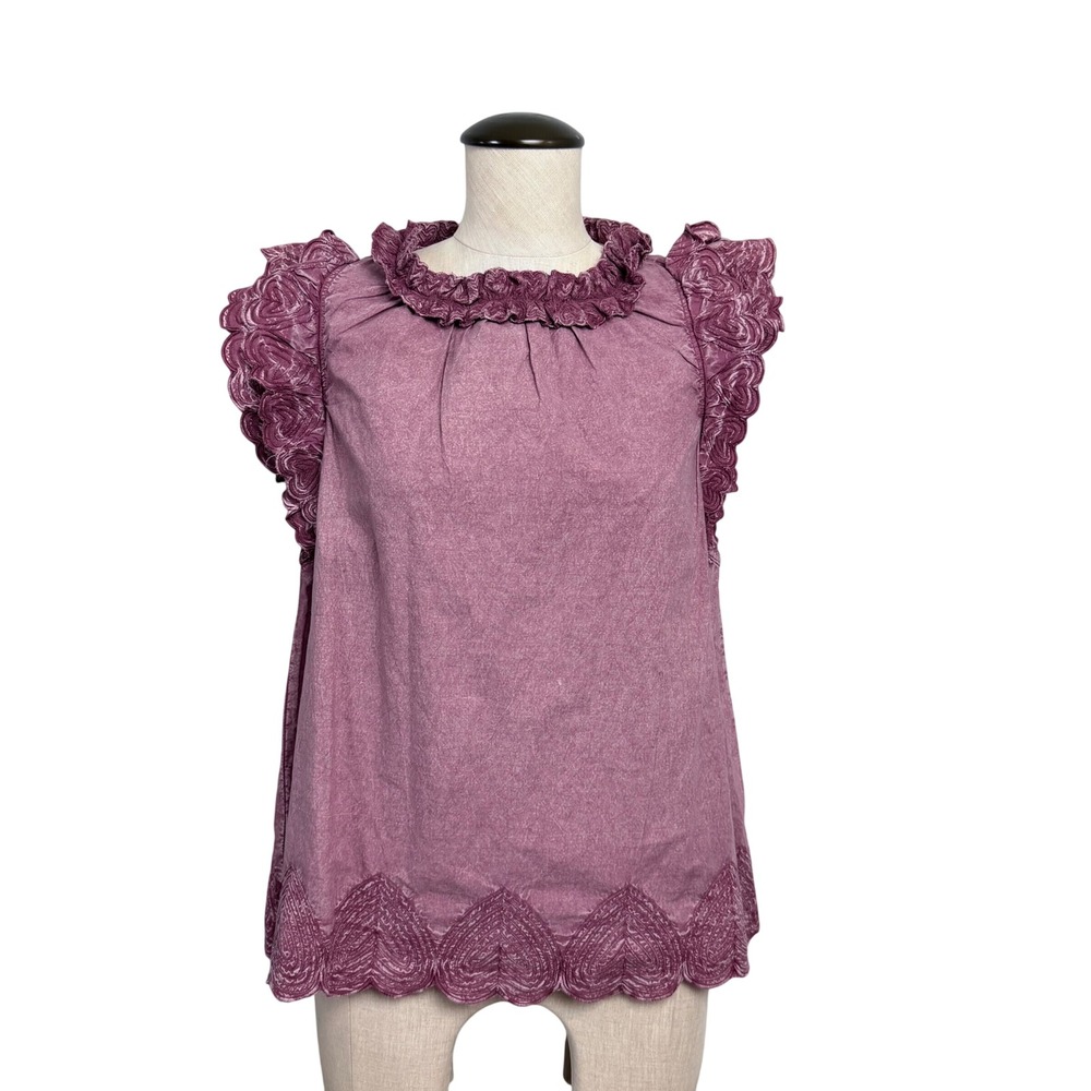 Sea New York Purple Heart Embroidered Ruffle Sleeveless Blouse Top Size 8